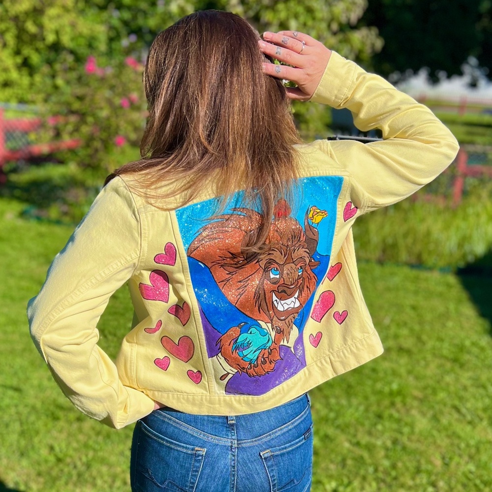Beauty and the Beast Hand-Painted Yellow Denim Jacket with Sparkles